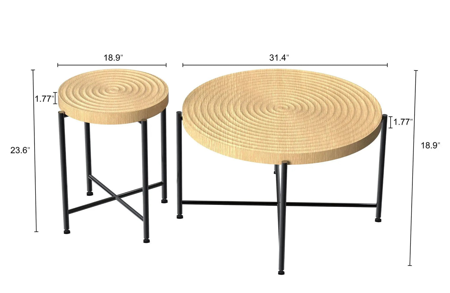 Coffee and end table set with distressed cylindrical wooden tops and black metal legs, set of 2 on Tampa Home & Garden Store
