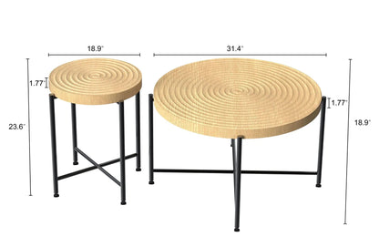 Coffee and end table set with distressed cylindrical wooden tops and black metal legs, set of 2 on Tampa Home & Garden Store