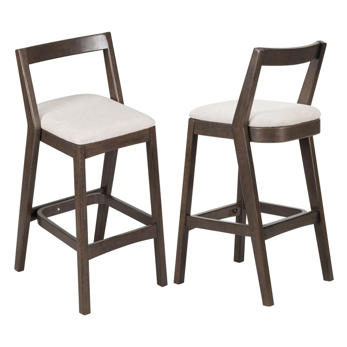 Jasper indoor barstools set of 2 with dark brown rubberwood frames and beige upholstered seats on Tampa Home & Garden Store