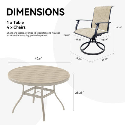 Outdoor patio furniture set for 4 with swivel chairs beige mesh seating and round beige slat table on Tampa Home & Garden Store