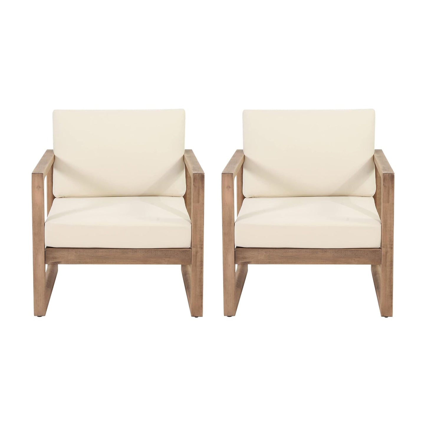 Set of 2 HouseOfZazla outdoor acacia wood patio club chairs with beige cushions on Tampa Home & Garden Store