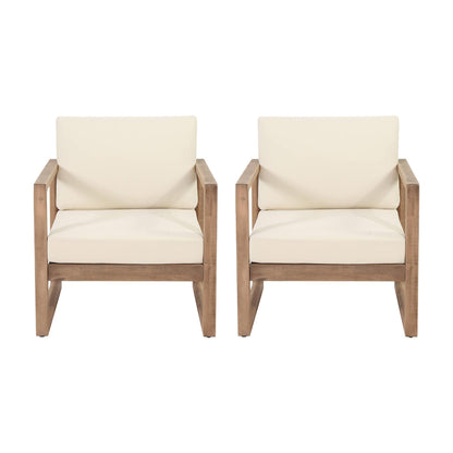 Set of 2 HouseOfZazla outdoor acacia wood patio club chairs with beige cushions on Tampa Home & Garden Store
