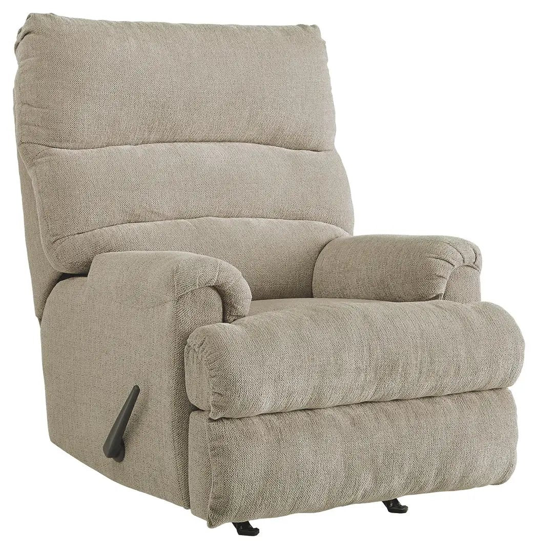 Man Fort Rocker Recliner beige fabric with plush back, padded arms, and side lever on Tampa Home & Garden Store