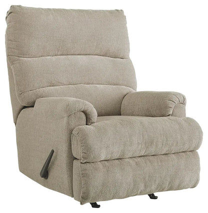 Man Fort Rocker Recliner beige fabric with plush back, padded arms, and side lever on Tampa Home & Garden Store