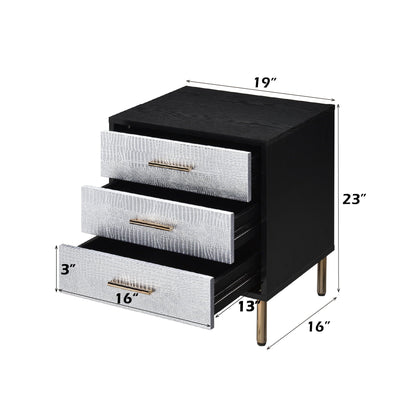 Myles nightstand by HouseOfZazla, black wood with silver textured drawers and gold handles on Tampa Home & Garden Store
