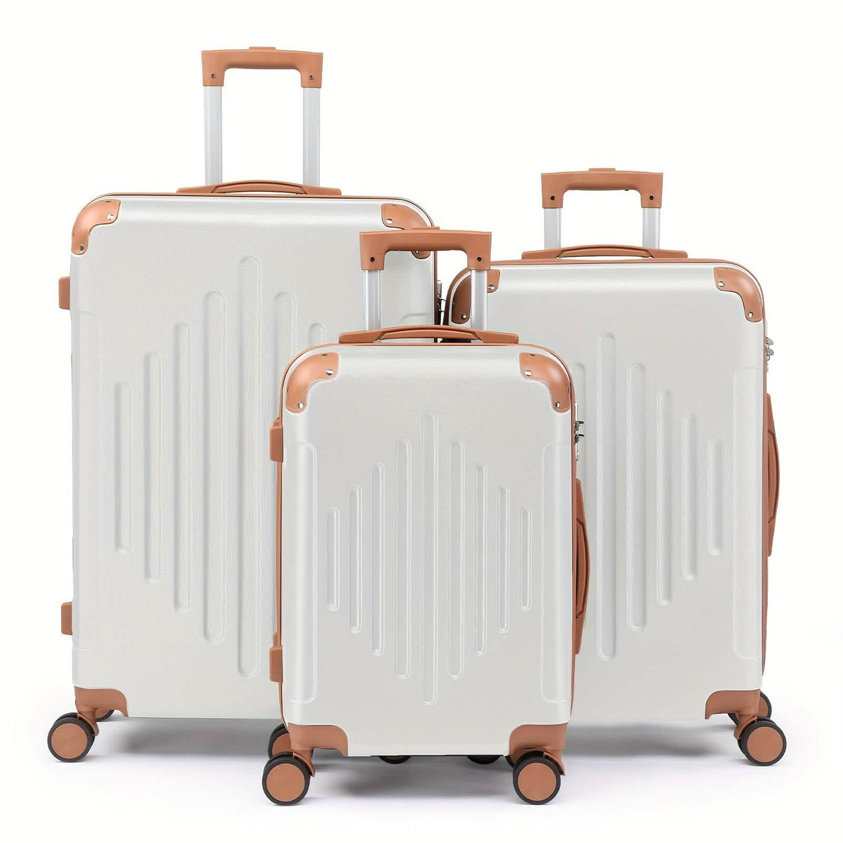 3-piece hard shell luggage set with TSA lock, white with tan trim, 20/24/28in spinners on Tampa Home & Garden Store