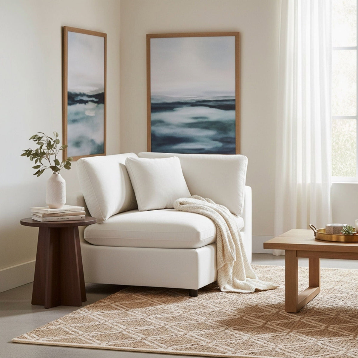 Corner wedge chair with down blend cushion in beige by HouseOfZazla corner chairs on Tampa Home & Garden Store