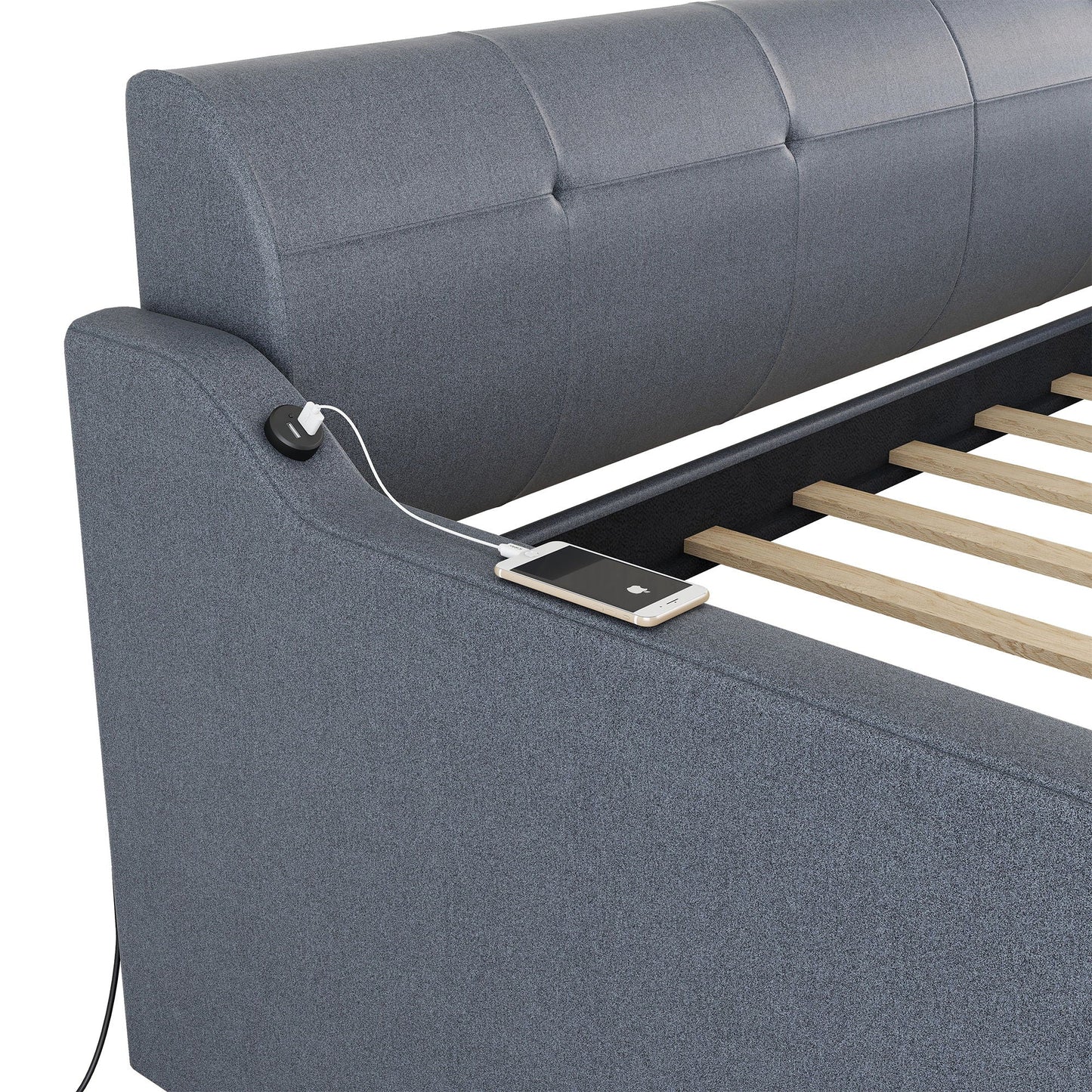 Upholstered daybed with trundle and USB charging, grey fabric, visible wood slats on Tampa Home & Garden Store