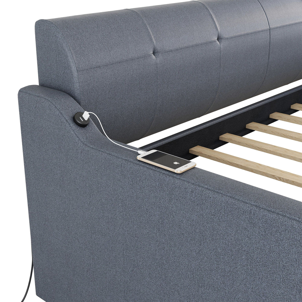 Upholstered daybed with trundle and USB charging, grey fabric, visible wood slats on Tampa Home & Garden Store