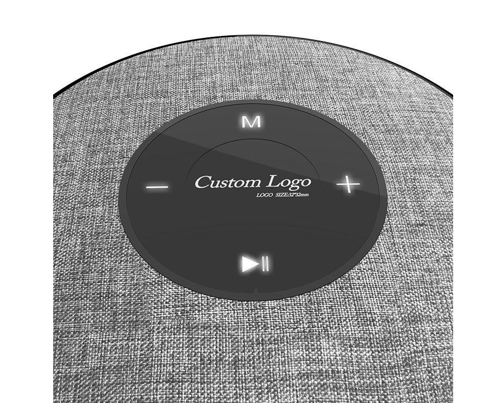Waterproof Bluetooth speaker with black circular control pad on gray fabric body Custom Logo on Tampa Home & Garden Store
