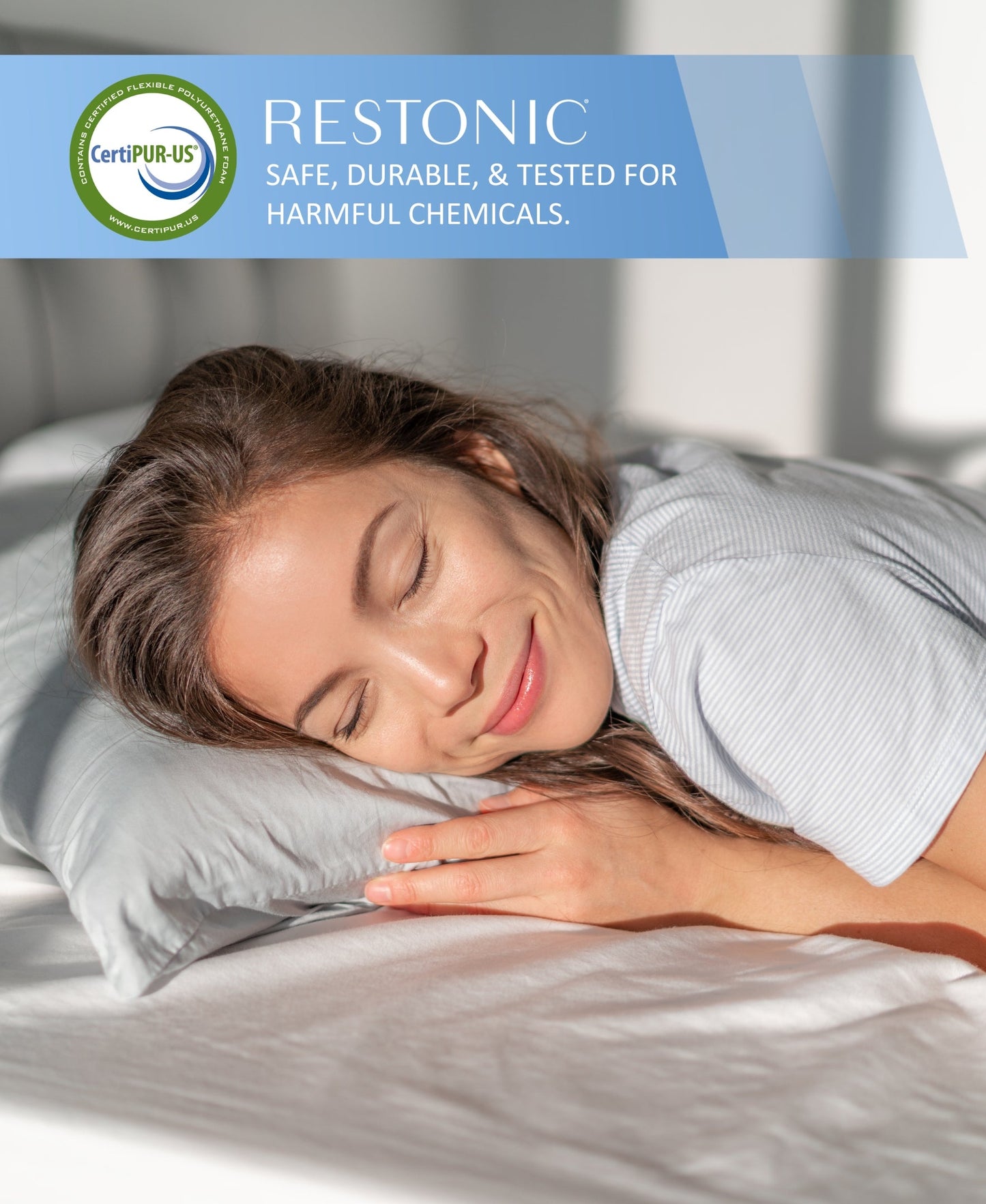 Restonic ComfortCare Hybrid Heartland Euro Top Mattress CertiPUR-US seal above a sleeping woman on Tampa Home & Garden Store