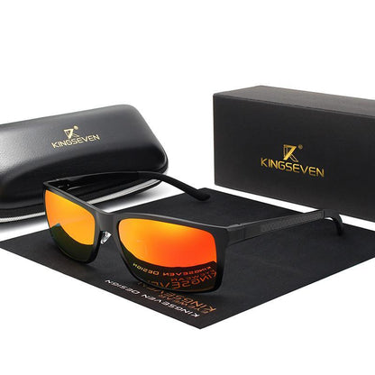 Kingseven black aluminum frame sunglasses with orange mirrored UV400 polarized lenses, case on Tampa Home & Garden Store
