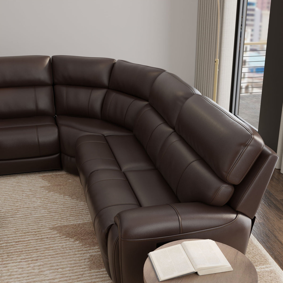 Brazil power reclining sectional in dark brown leather with adjustable headrest and footrest on Tampa Home & Garden Store