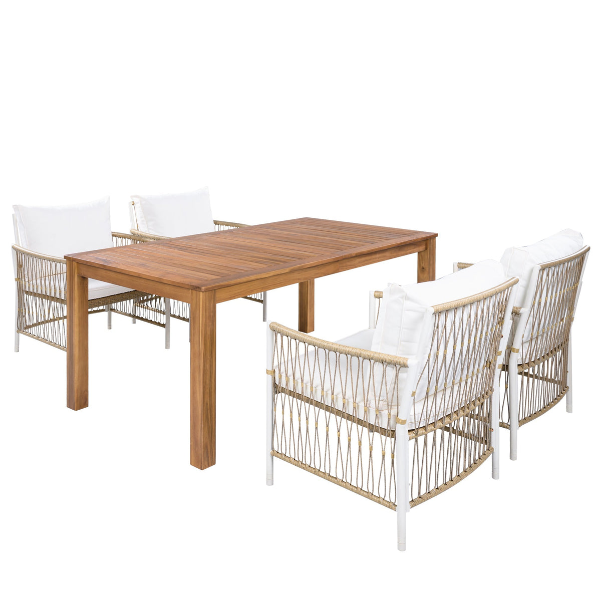 TOPMAX Patio 5pc Wooden Dining Table Set with teak table and white cushioned wicker chairs on Tampa Home & Garden Store