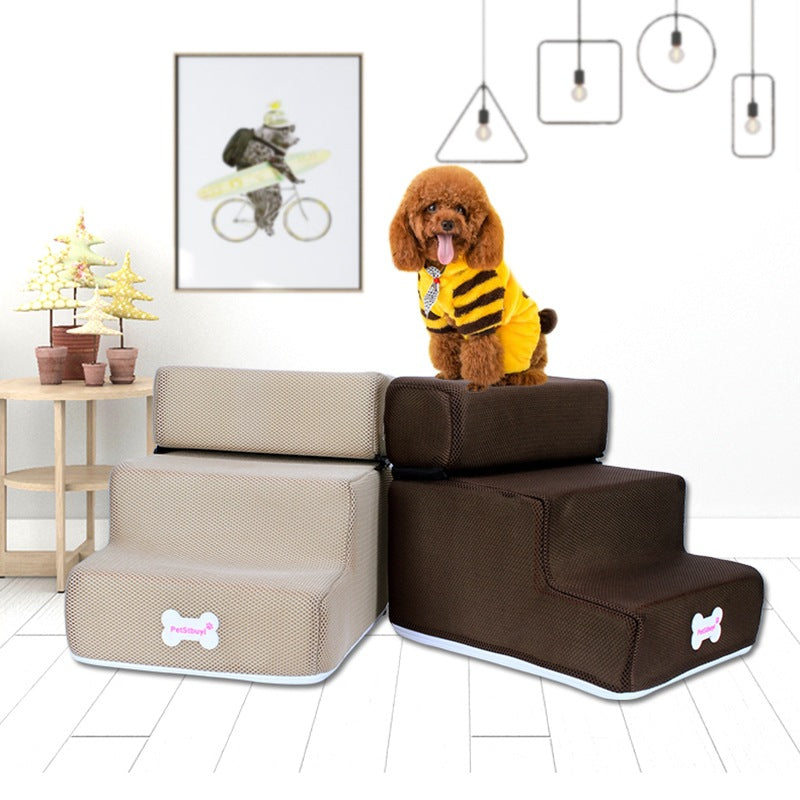 Dog stairs pet climbing ladder with sponge steps in beige and brown, dog perched on top on Tampa Home & Garden Store