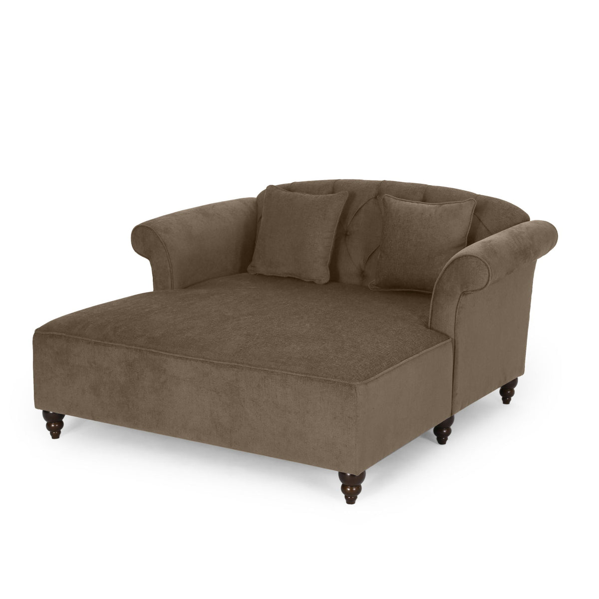 Elegant upholstered chaise in brown fabric with gray pillows by HouseOfZazla on Tampa Home & Garden Store