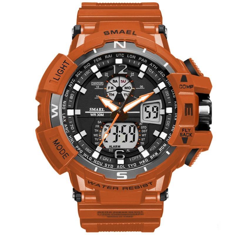 Orange SMAEL sport watch with LED digital display, rugged military style, 50M water resistant on Tampa Home & Garden Store