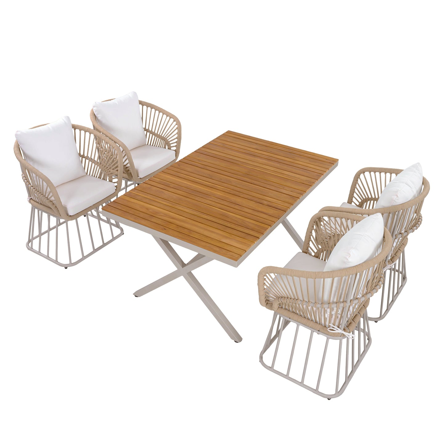 Outdoor 5 Piece Teak Dining Set And Wicker Chairs
