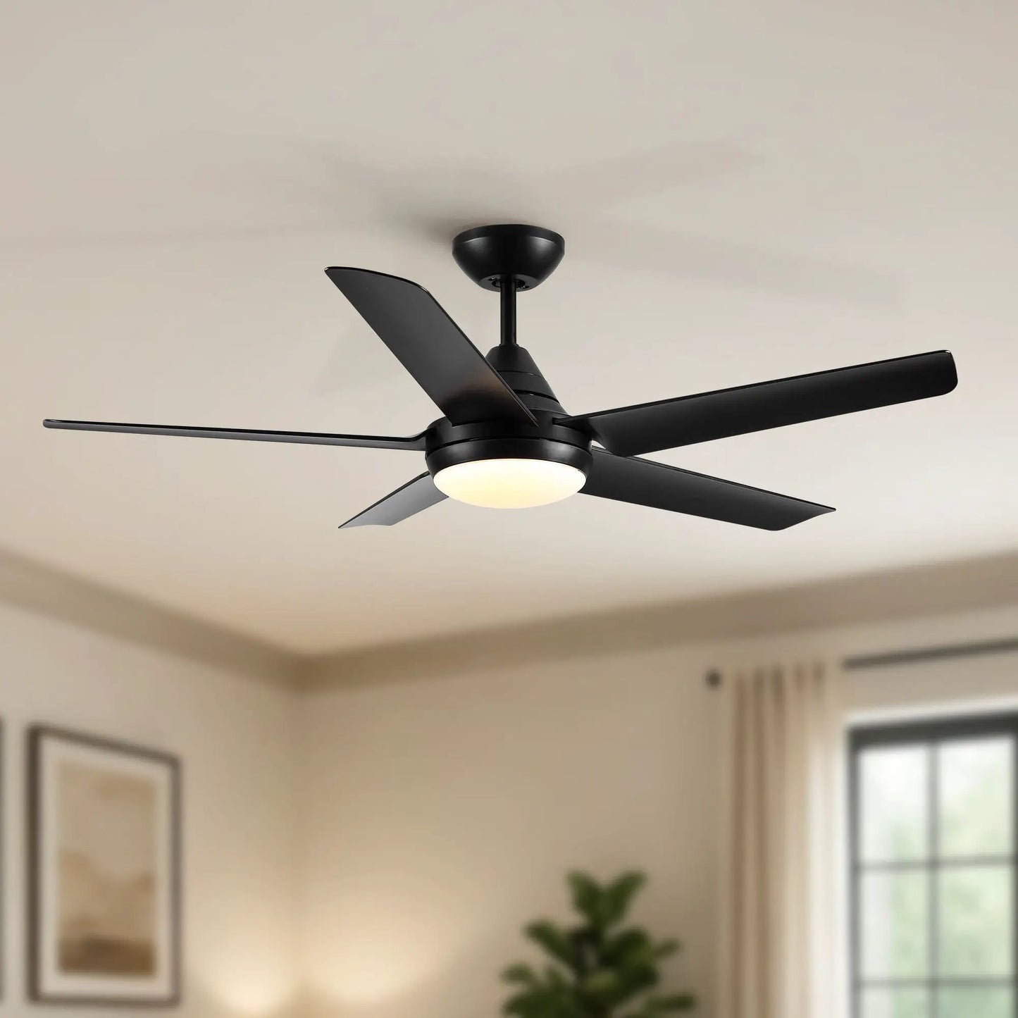 Black ceiling fan with remote-controlled light, 6-speed reversible DC motor, 3-CCT dimmable LED on Tampa Home & Garden Store
