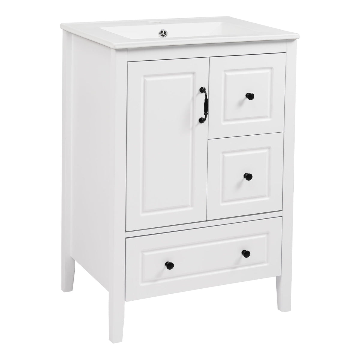 Retro bathroom vanity with ceramic sink, white finish and black hardware on Tampa Home & Garden Store