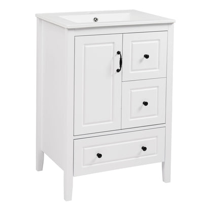 Retro bathroom vanity with ceramic sink, white finish and black hardware on Tampa Home & Garden Store