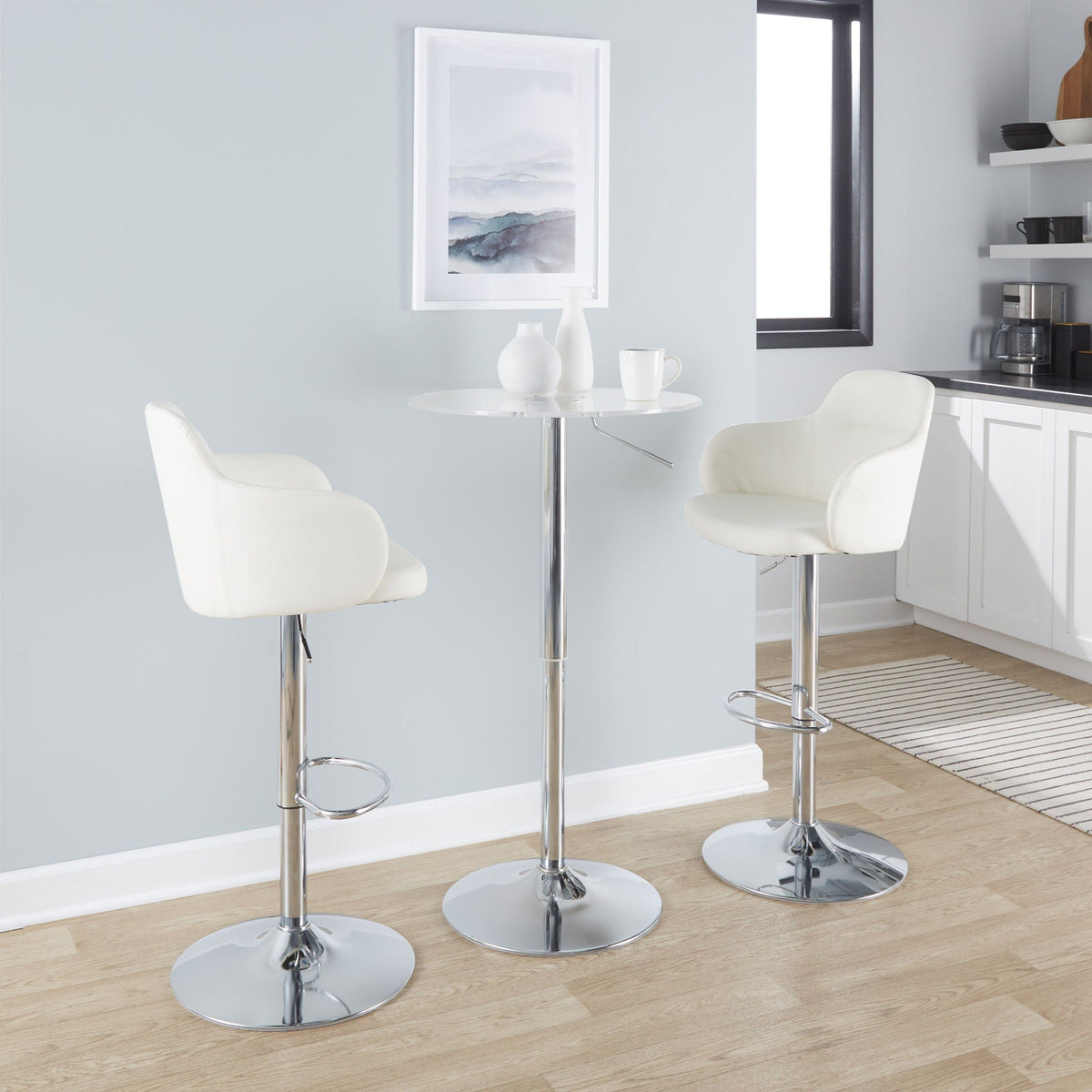 Adjustable contemporary bar table with white round top and chrome pedestal, with 3 stools on Tampa Home & Garden Store