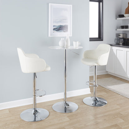 Adjustable contemporary bar table with white round top and chrome pedestal, with 3 stools on Tampa Home & Garden Store