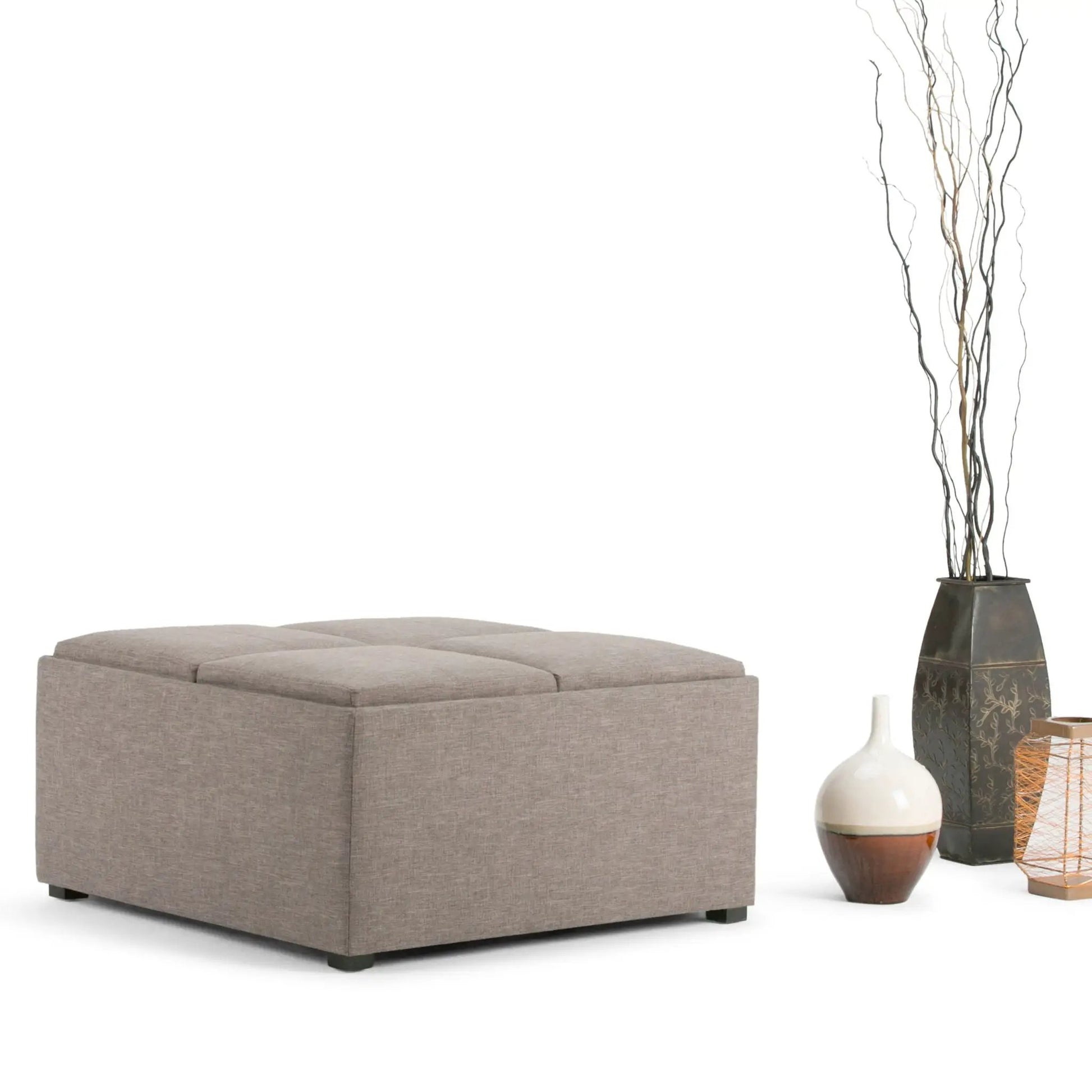 Avalon square coffee table storage ottoman in taupe fabric, tufted lid on Tampa Home & Garden Store