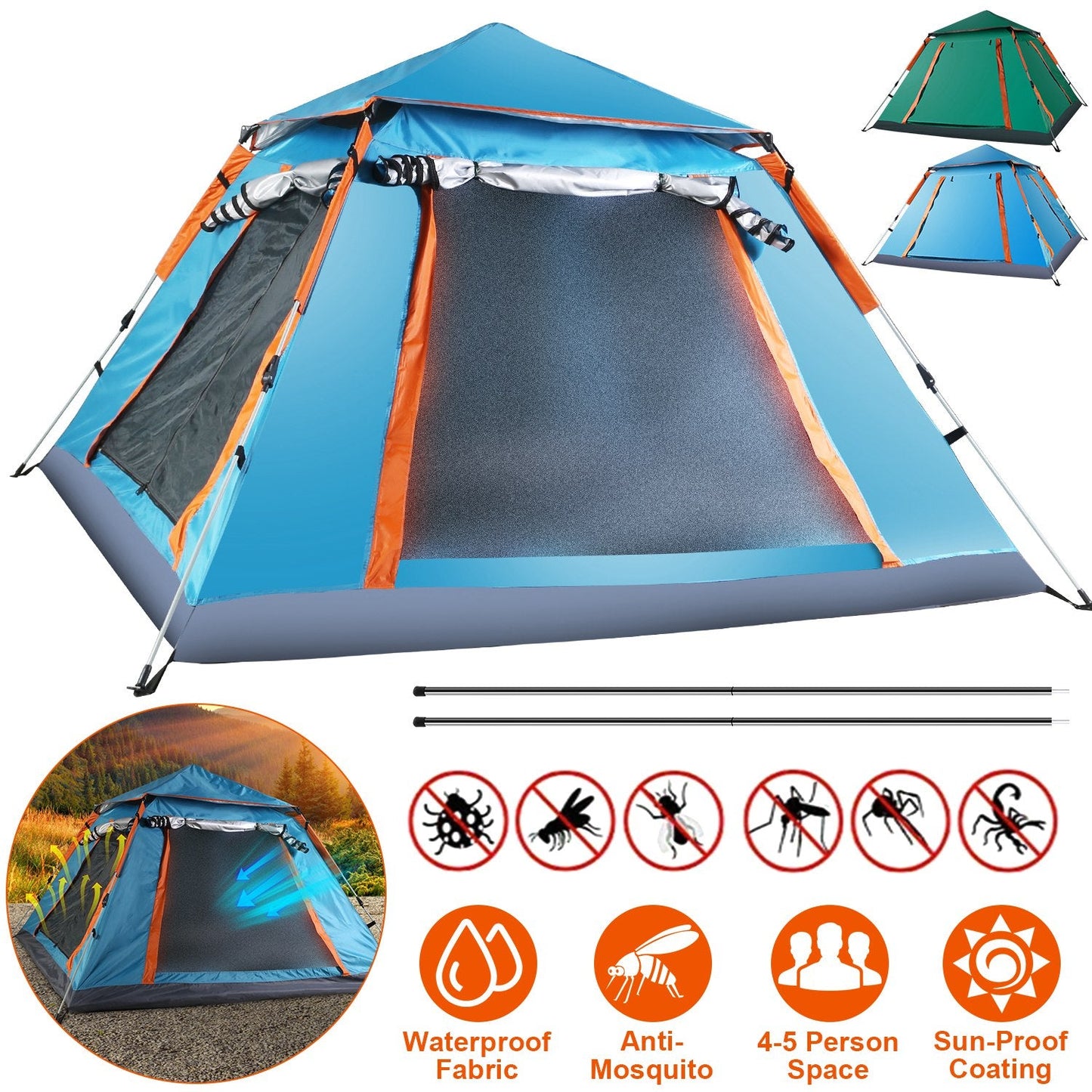 GemGear 4-5 Person camping tent blue with orange trim, waterproof, 2 mosquito nets, 3 tents shown on Tampa Home & Garden Store