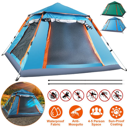 GemGear 4-5 Person camping tent blue with orange trim, waterproof, 2 mosquito nets, 3 tents shown on Tampa Home & Garden Store