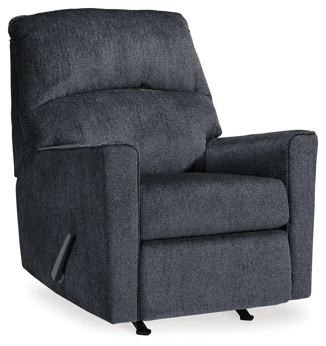 Altari Rocker Recliner in dark gray textured fabric with cushioned back and arms on Tampa Home & Garden Store