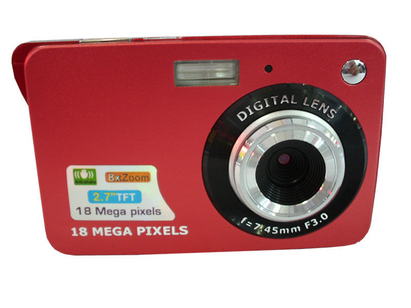 Red slim digital camera with black circular lens and 18 Mega Pixels label on front on Tampa Home & Garden Store