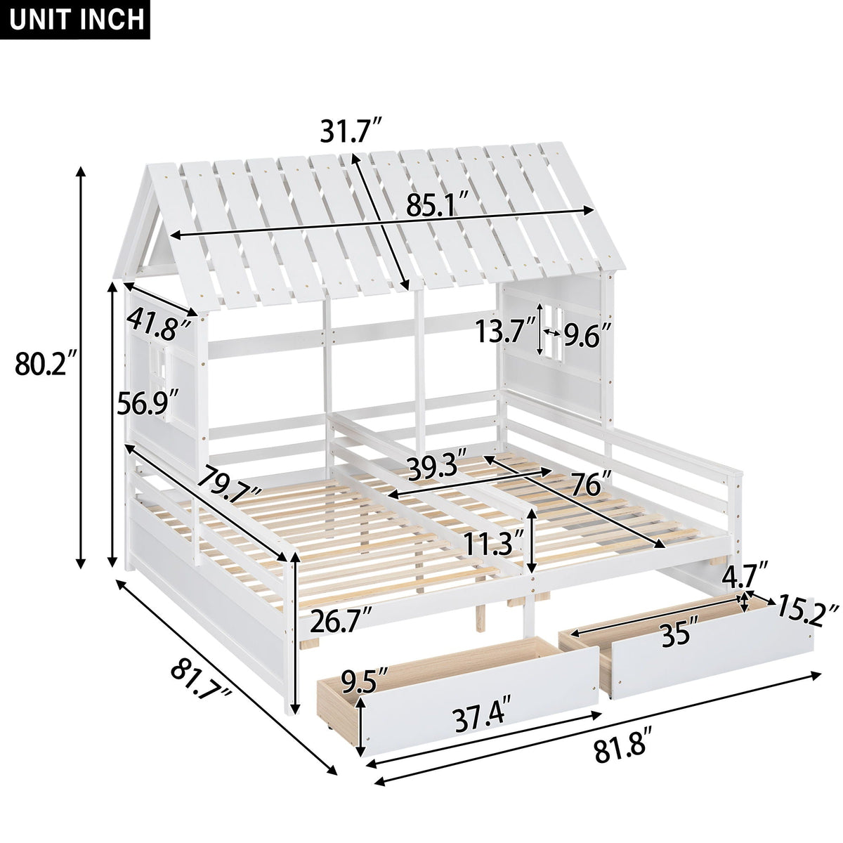 House Platform Bed with 2 Drawers side-by-side, white wood storage bed by HouseOfZazla on Tampa Home & Garden Store