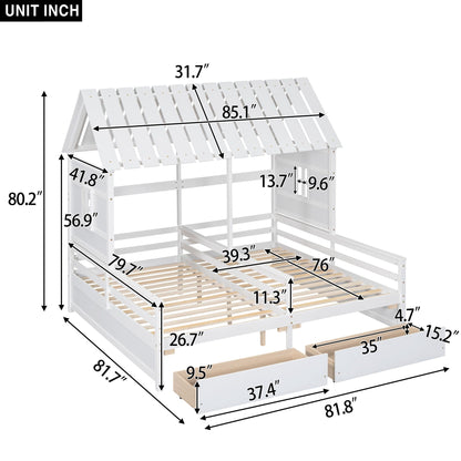 House Platform Bed with 2 Drawers side-by-side, white wood storage bed by HouseOfZazla on Tampa Home & Garden Store
