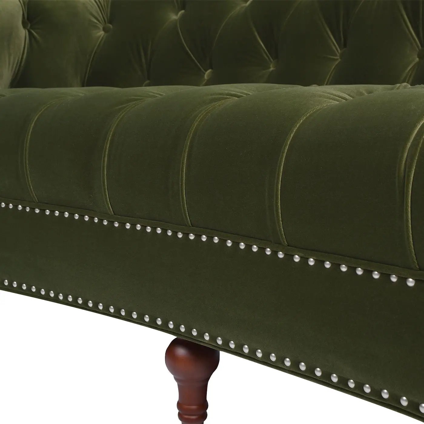 La Rosa Victorian Chesterfield tufted sofa in green velvet with nailhead trim and leg on Tampa Home & Garden Store
