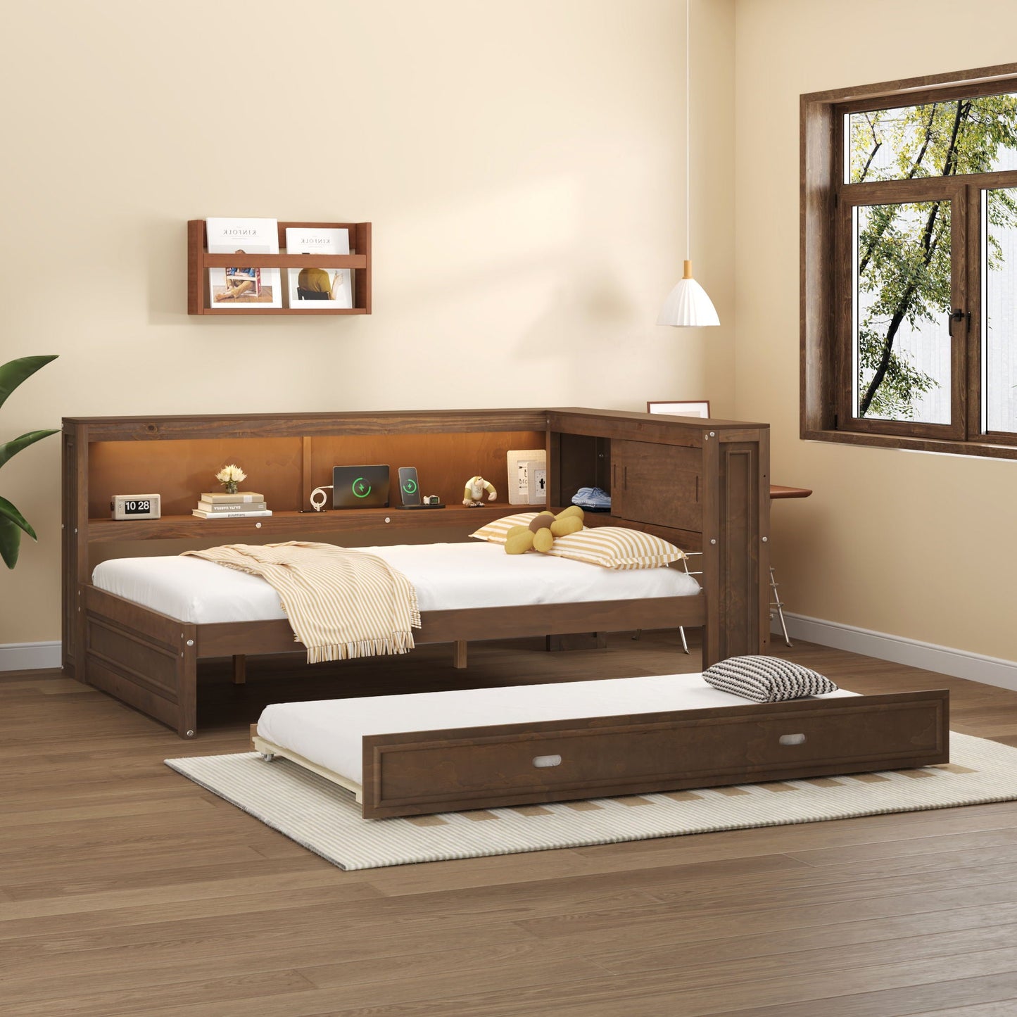 HouseOfZazla daybed with storage shelves and pull-out trundle in warm brown wood on Tampa Home & Garden Store