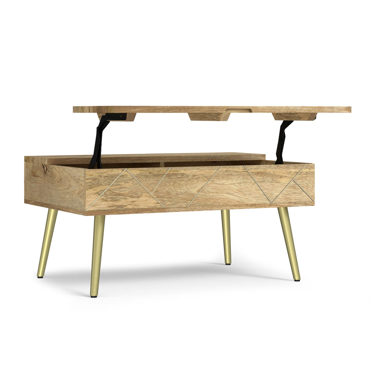 Handcrafted Lift Top Coffee Table and Storage, natural wood, black metal lift, gold legs on Tampa Home & Garden Store