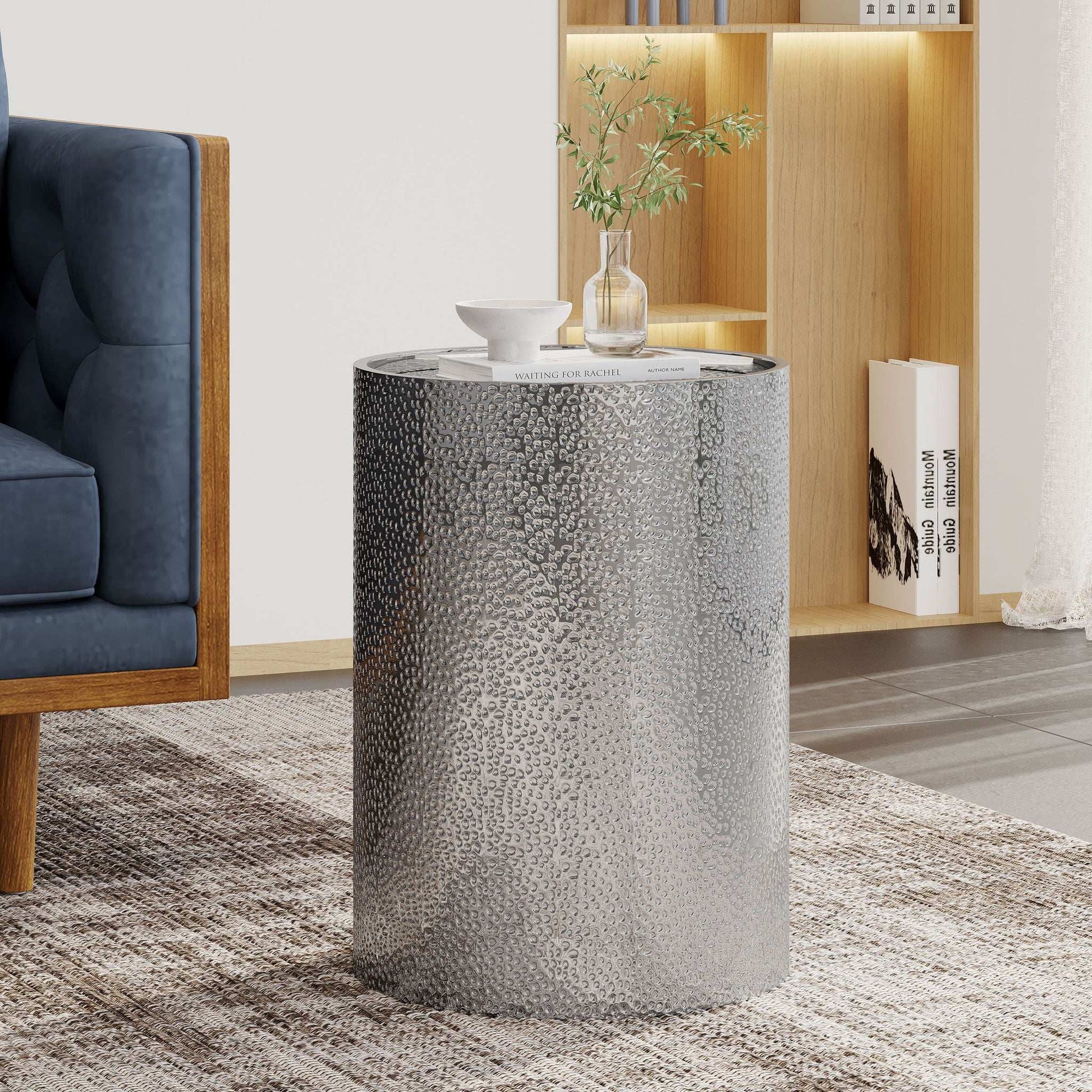 Modern round accent table with hammered silver surface by HouseOfZazla on Tampa Home & Garden Store