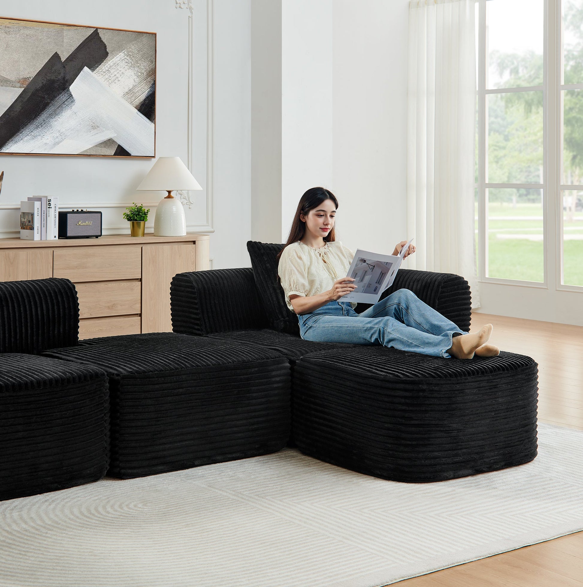 114-inch Cloud Sectional Couch with L-Shape Chaise by HouseOfZazla, black corduroy upholstery on Tampa Home & Garden Store