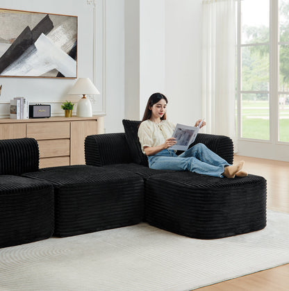 114-inch Cloud Sectional Couch with L-Shape Chaise by HouseOfZazla, black corduroy upholstery on Tampa Home & Garden Store