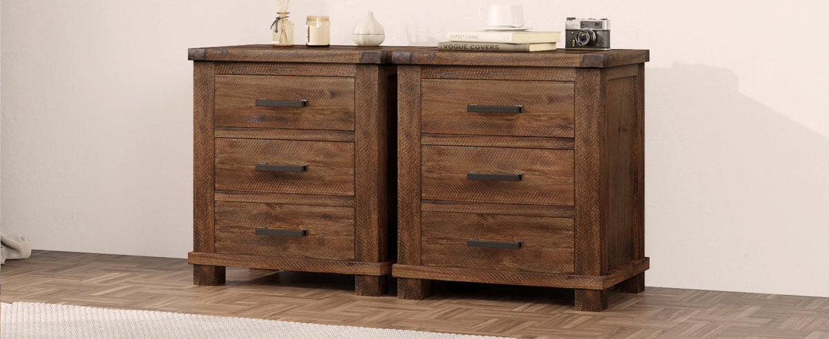 Nightstands set of two: rustic reclaimed solid wood with three drawers in dark brown on Tampa Home & Garden Store