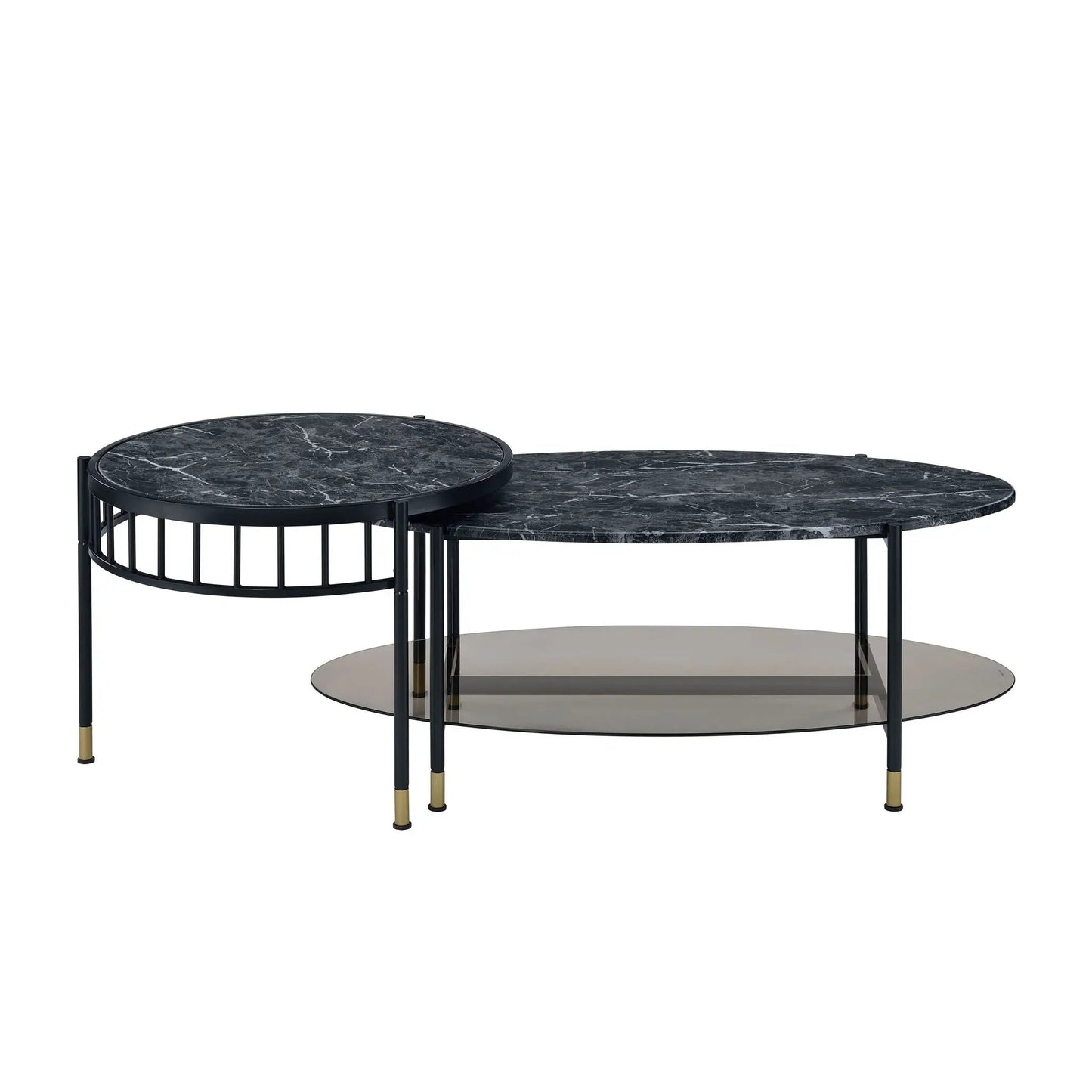 Silas nesting tables set of 3 with black engineered stone tops, black metal frames, and gold-tipped legs on Tampa Home & Garden Store