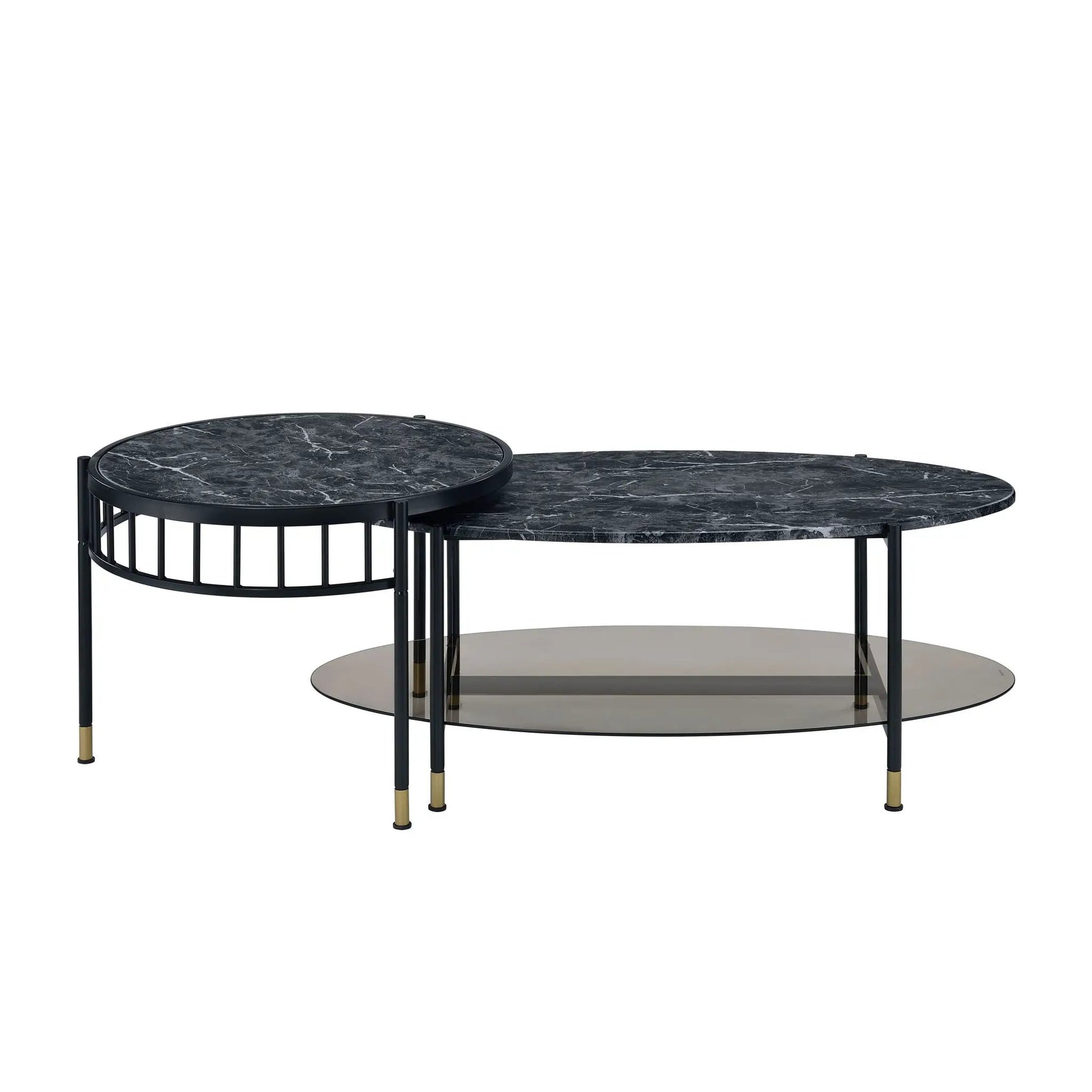 Silas nesting tables set of 3 with black engineered stone tops, black metal frames, and gold-tipped legs on Tampa Home & Garden Store