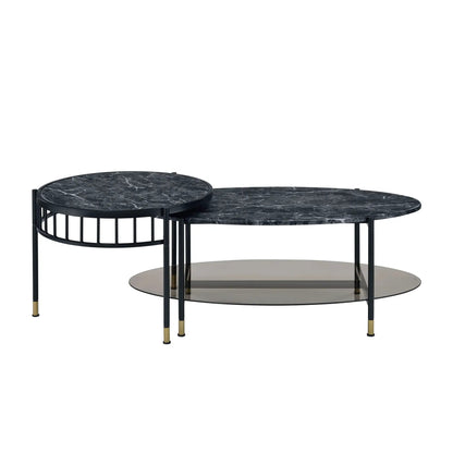 Silas nesting tables set of 3 with black engineered stone tops, black metal frames, and gold-tipped legs on Tampa Home & Garden Store