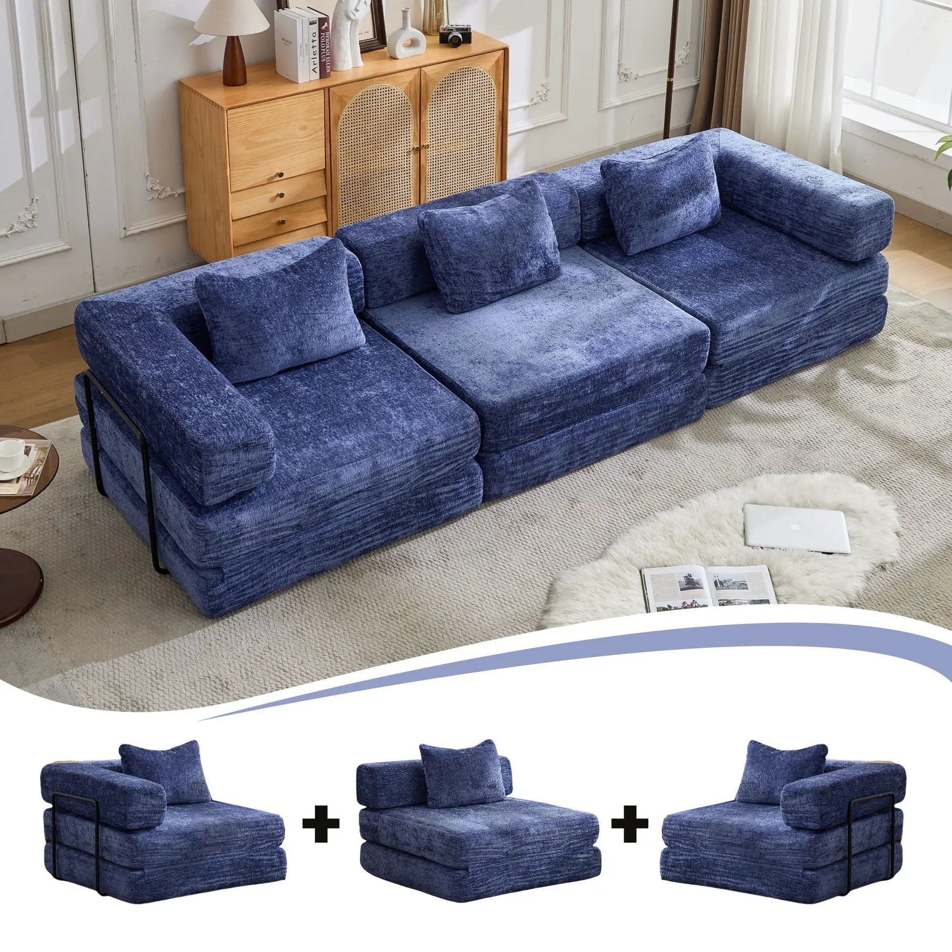 Convertible Floor Sofa Bed, blue velvet three-piece modular futon sofa, Unique Piece Furniture on Tampa Home & Garden Store