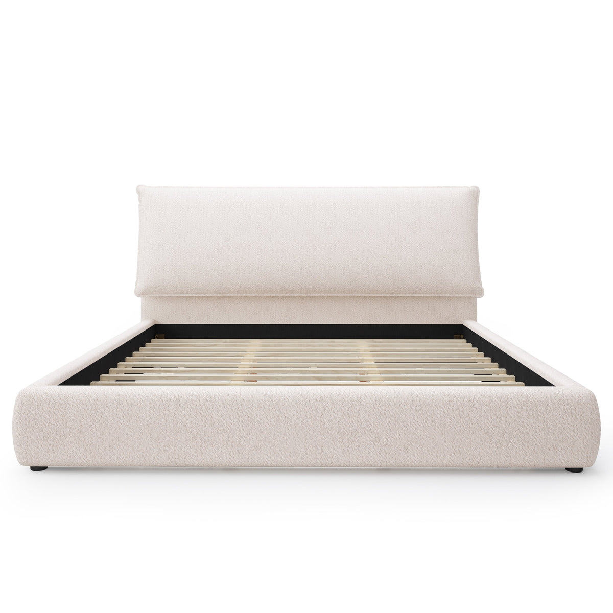 Upholstered platform bed frame with oversized plush pillow headboard beige fabric HouseOfZazla on Tampa Home & Garden Store