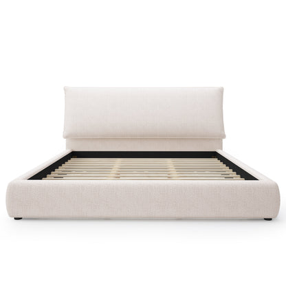 Upholstered platform bed frame with oversized plush pillow headboard beige fabric HouseOfZazla on Tampa Home & Garden Store