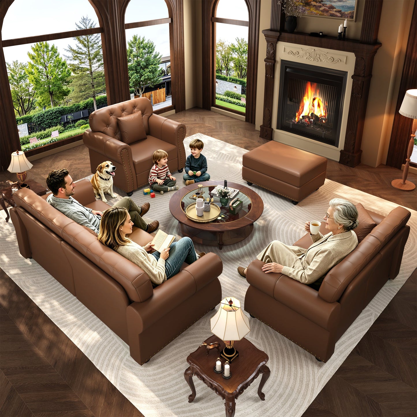 41.3 inch faux leather sofa with nailhead trim brown by HouseOfZazla in a stylish living room on Tampa Home & Garden Store
