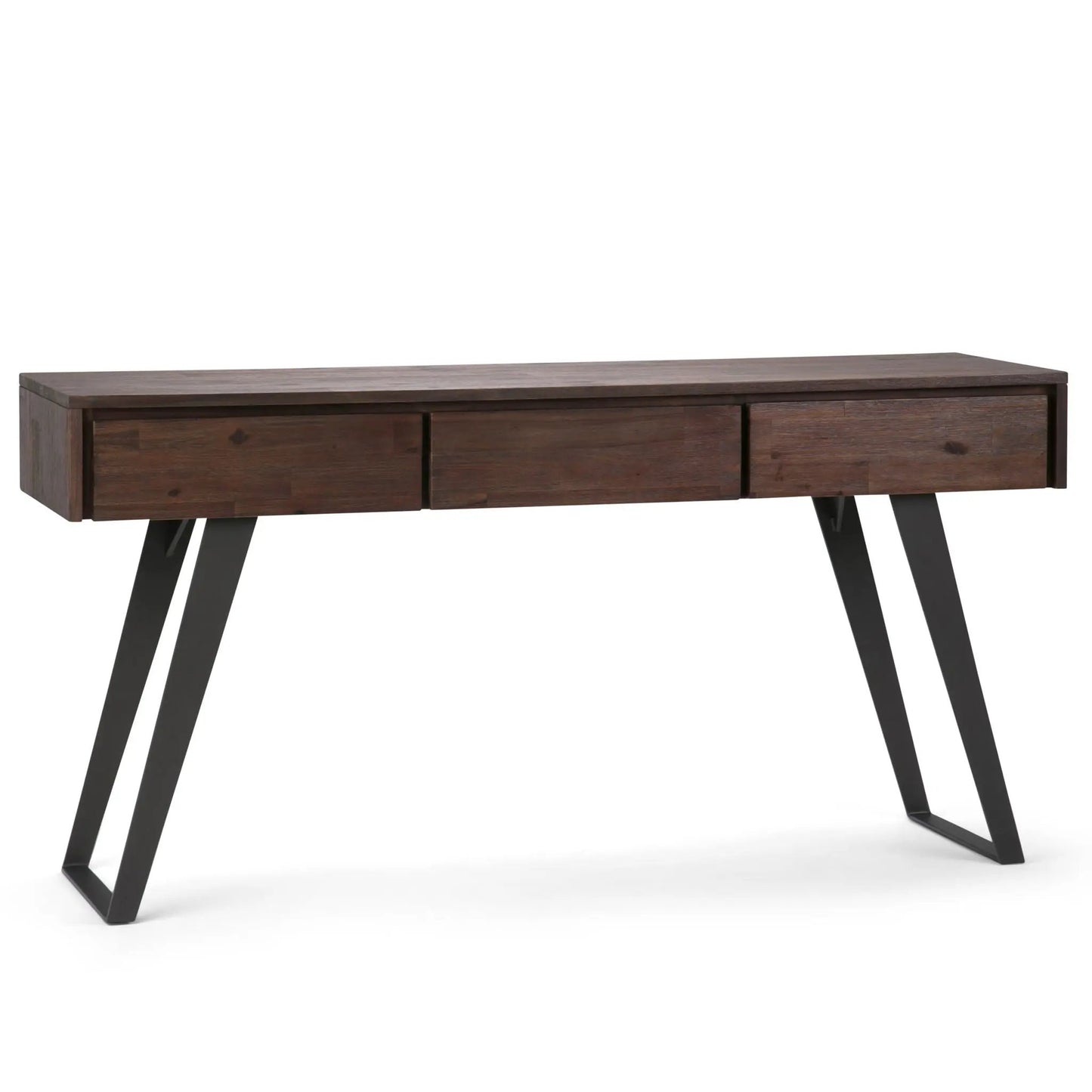 Lowry Handcrafted Console Sofa Table dark wood finish, 3 drawers and angled black metal legs on Tampa Home & Garden Store