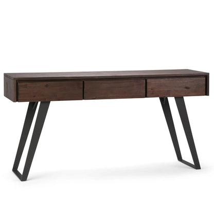 Lowry Handcrafted Console Sofa Table dark wood finish, 3 drawers and angled black metal legs on Tampa Home & Garden Store